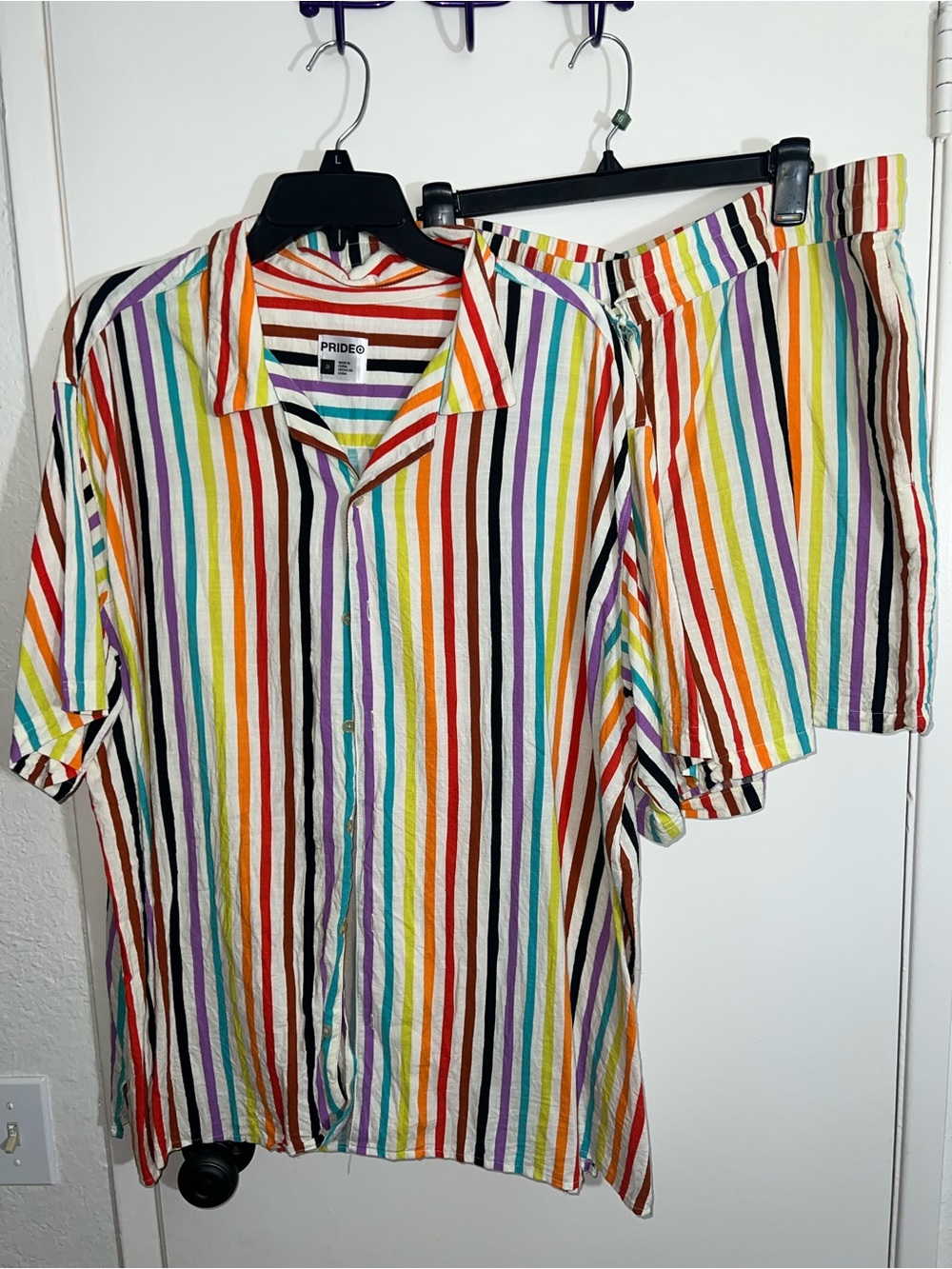 Target Pride Unisex Short Sleeve Button-Up Shirt in Rainbow Stripes with Shorts